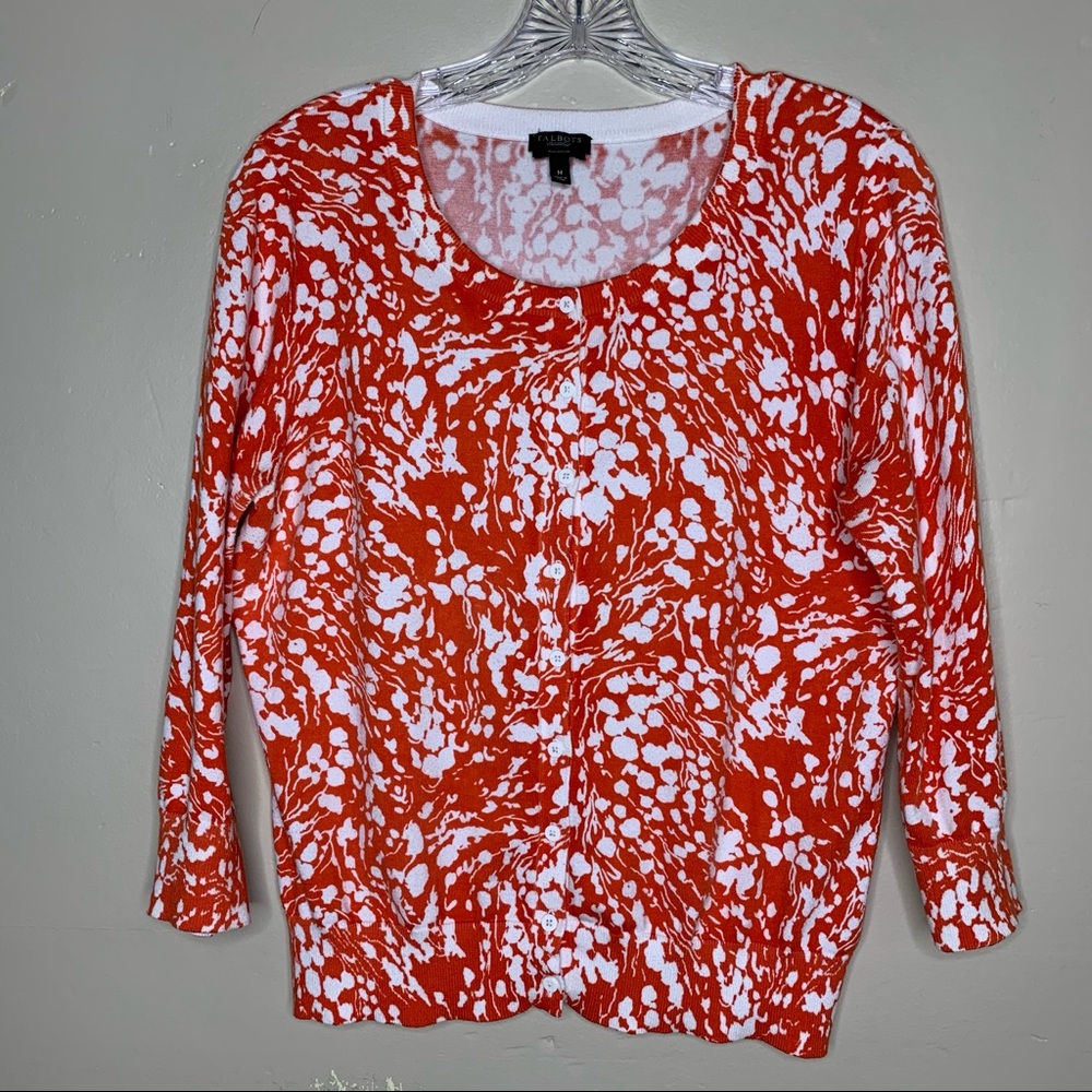 TALBOTS PIMA Cotton Orange & White Soft Cardigan 3/4 Sleeve Sweater, Medium